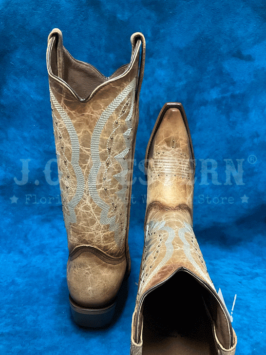 Circle G L2041 Ladies Embroidery And Studs Snip Toe Boot Brown back and toe view. If you need any assistance with this item or the purchase of this item please call us at five six one seven four eight eight eight zero one Monday through Saturday 10:00a.m EST to 8:00 p.m EST