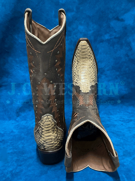 Circle G L6045 Ladies Python Embroidery And Studs Triad Boot Chocolate Brown back and toe view. If you need any assistance with this item or the purchase of this item please call us at five six one seven four eight eight eight zero one Monday through Saturday 10:00a.m EST to 8:00 p.m EST