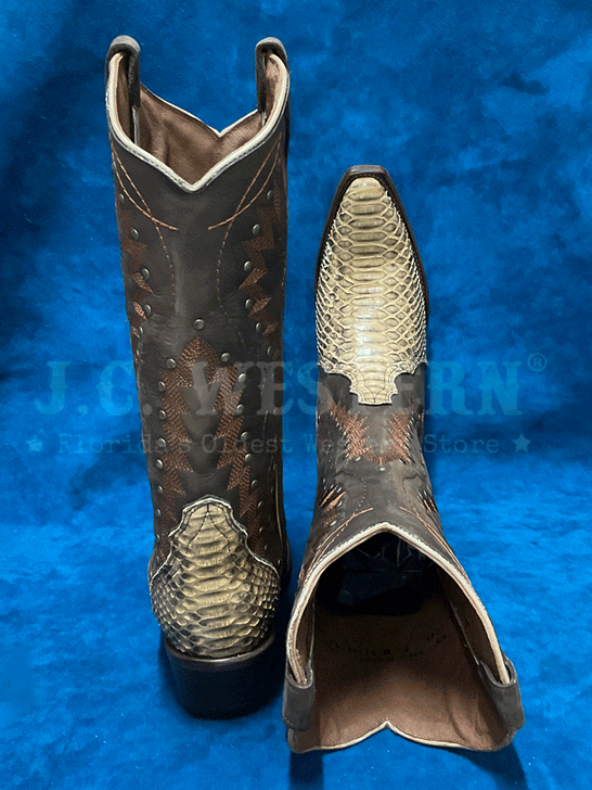 Circle G L6045 Ladies Python Embroidery And Studs Triad Boot Chocolate Brown back and toe view. If you need any assistance with this item or the purchase of this item please call us at five six one seven four eight eight eight zero one Monday through Saturday 10:00a.m EST to 8:00 p.m EST