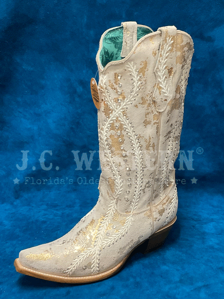 Corral Z5246 Ladies Embroidery Crystals And Studs Western Boot Gold Touches Natural front and side view. If you need any assistance with this item or the purchase of this item please call us at five six one seven four eight eight eight zero one Monday through Saturday 10:00a.m EST to 8:00 p.m EST