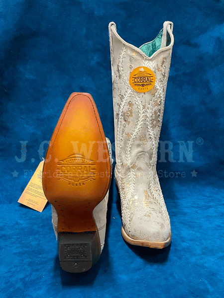 Corral Z5246 Ladies Embroidery Crystals And Studs Western Boot Gold Touches Natural front and sole view. If you need any assistance with this item or the purchase of this item please call us at five six one seven four eight eight eight zero one Monday through Saturday 10:00a.m EST to 8:00 p.m EST