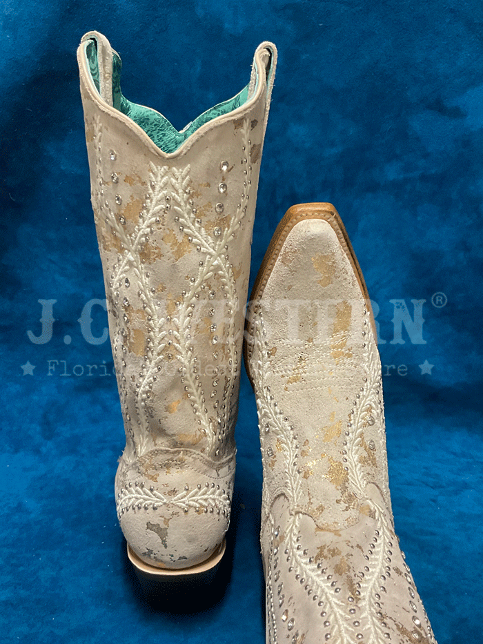 Corral Z5246 Ladies Embroidery Crystals And Studs Western Boot Gold Touches Natural front and side view. If you need any assistance with this item or the purchase of this item please call us at five six one seven four eight eight eight zero one Monday through Saturday 10:00a.m EST to 8:00 p.m EST