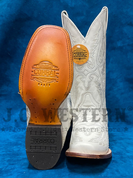 Corral B5009 Ladies Embroidery Wide Square Toe Western Boot White sole and  front view. If you need any assistance with this item or the purchase of this item please call us at five six one seven four eight eight eight zero one Monday through Saturday 10:00a.m EST to 8:00 p.m EST