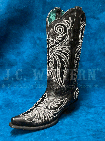 Corral Z5209 Ladies Embroidery And Studs Overlay Western Boot Black frotn and side view. If you need any assistance with this item or the purchase of this item please call us at five six one seven four eight eight eight zero one Monday through Saturday 10:00a.m EST to 8:00 p.m EST