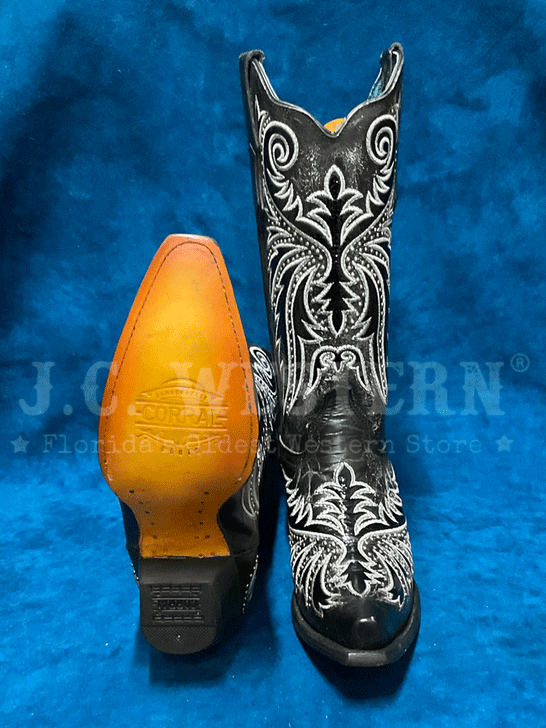 Corral Z5209 Ladies Embroidery And Studs Overlay Western Boot Black sole and front view. If you need any assistance with this item or the purchase of this item please call us at five six one seven four eight eight eight zero one Monday through Saturday 10:00a.m EST to 8:00 p.m EST