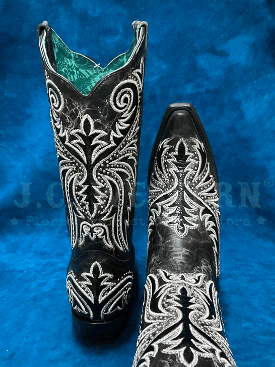 Corral Z5209 Ladies Embroidery And Studs Overlay Western Boot Black back and toe view. If you need any assistance with this item or the purchase of this item please call us at five six one seven four eight eight eight zero one Monday through Saturday 10:00a.m EST to 8:00 p.m EST