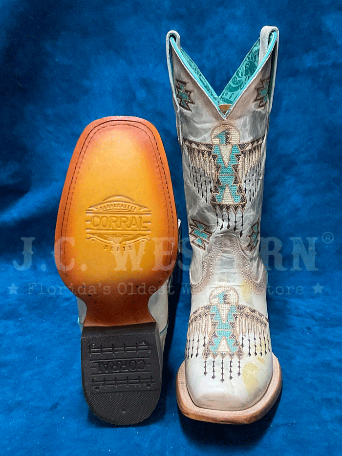 Corral Z5219 Ladies Embroidery Square Toe Western Boot Cream front and side view. If you need any assistance with this item or the purchase of this item please call us at five six one seven four eight eight eight zero one Monday through Saturday 10:00a.m EST to 8:00 p.m EST