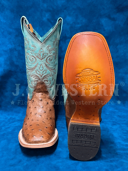 Corral B5006 Ladies Ostrich Embroidery Square Toe Western Boot Tan front and sole view. If you need any assistance with this item or the purchase of this item please call us at five six one seven four eight eight eight zero one Monday through Saturday 10:00a.m EST to 8:00 p.m EST