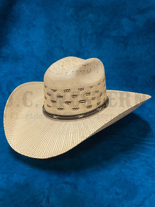 Justin JS4730SLTC SALT CREEK Western Straw Hat Chocolate Ivory side / front view. If you need any assistance with this item or the purchase of this item please call us at five six one seven four eight eight eight zero one Monday through Saturday 10:00a.m EST to 8:00 p.m EST