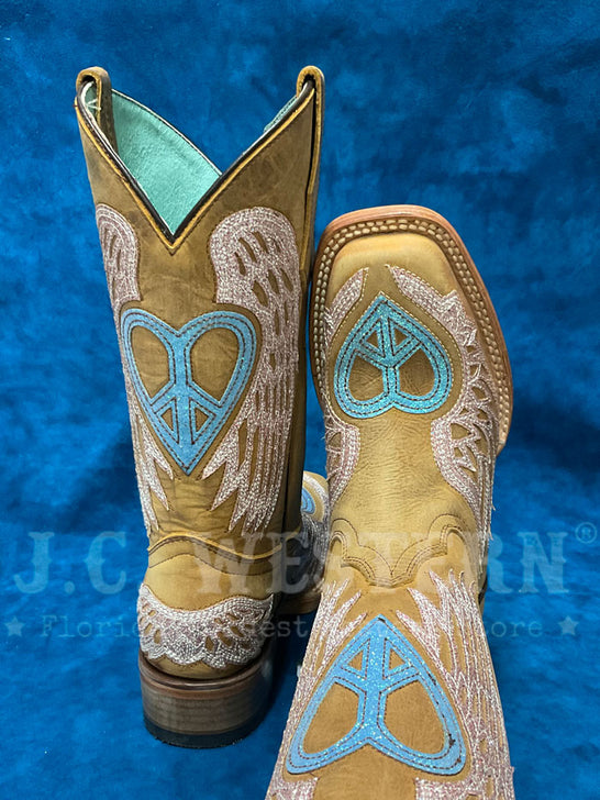 Corral T0145 Teen Glitter Heart And Wings Square Toe Boot Brown Tan back and toe view. If you need any assistance with this item or the purchase of this item please call us at five six one seven four eight eight eight zero one Monday through Saturday 10:00a.m EST to 8:00 p.m EST