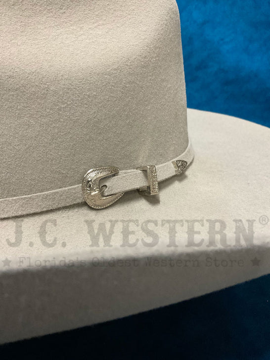Justin JF0357RIATXL RIATA 3X Wool Western Hat Platinum Silver hat band close up. If you need any assistance with this item or the purchase of this item please call us at five six one seven four eight eight eight zero one Monday through Saturday 10:00a.m EST to 8:00 p.m EST