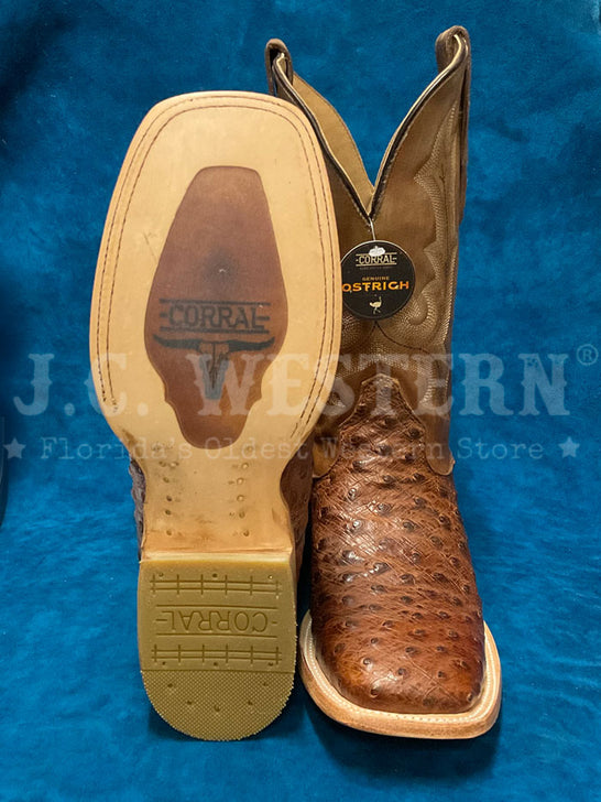 Corral A4532 Mens Ostrich Embroidery Wide Square Toe Western Boot Bronze And Brown sole and front view. If you need any assistance with this item or the purchase of this item please call us at five six one seven four eight eight eight zero one Monday through Saturday 10:00a.m EST to 8:00 p.m EST