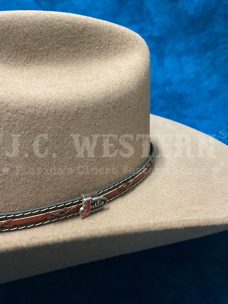 Justin JF0242GALP40 2X Gallop Premium Wool Hat Dark Khaki Fawn close up. If you need any assistance with this item or the purchase of this item please call us at five six one seven four eight eight eight zero one Monday through Saturday 10:00a.m EST to 8:00 p.m EST