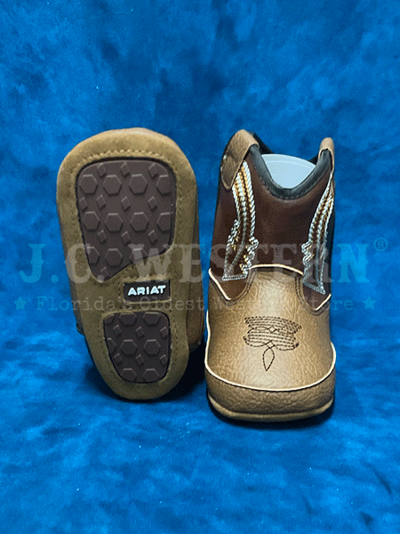 Ariat A442002602 Infants Evan Style LIL STOMPERS Boot Brown front and sole view. If you need any assistance with this item or the purchase of this item please call us at five six one seven four eight eight eight zero one Monday through Saturday 10:00a.m EST to 8:00 p.m EST