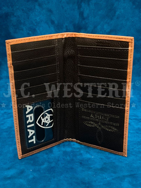 Ariat A3561648 Mens Calf Hair basket Weave Rodeo Wallet Natural inside open view. If you need any assistance with this item or the purchase of this item please call us at five six one seven four eight eight eight zero one Monday through Saturday 10:00a.m EST to 8:00 p.m EST