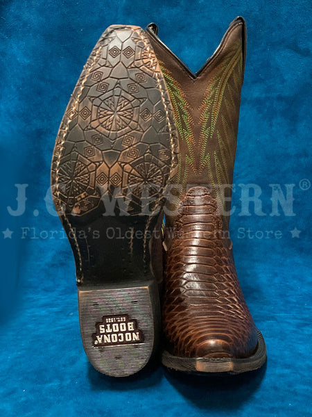 Nocona HR4522 Womens Carlita Snake Print Boot Cognac sole and front view. If you need any assistance with this item or the purchase of this item please call us at five six one seven four eight eight eight zero one Monday through Saturday 10:00a.m EST to 8:00 p.m EST