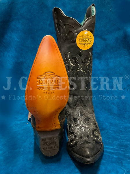 Corral C3934 Ladies Inlay Embroidery And Crystals Pointed Toe Boot Black sole and front view. If you need any assistance with this item or the purchase of this item please call us at five six one seven four eight eight eight zero one Monday through Saturday 10:00a.m EST to 8:00 p.m EST