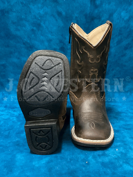 Old West BSI1904 Toddlers Square Toe Western Boot Dark Brown front and sole view. If you need any assistance with this item or the purchase of this item please call us at five six one seven four eight eight eight zero one Monday through Saturday 10:00a.m EST to 8:00 p.m EST