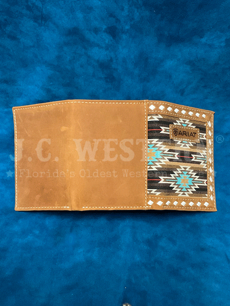 Ariat A3559202 Mens Southwestern Diamond Lacing Trifold Wallet Brown back view open. If you need any assistance with this item or the purchase of this item please call us at five six one seven four eight eight eight zero one Monday through Saturday 10:00a.m EST to 8:00 p.m EST