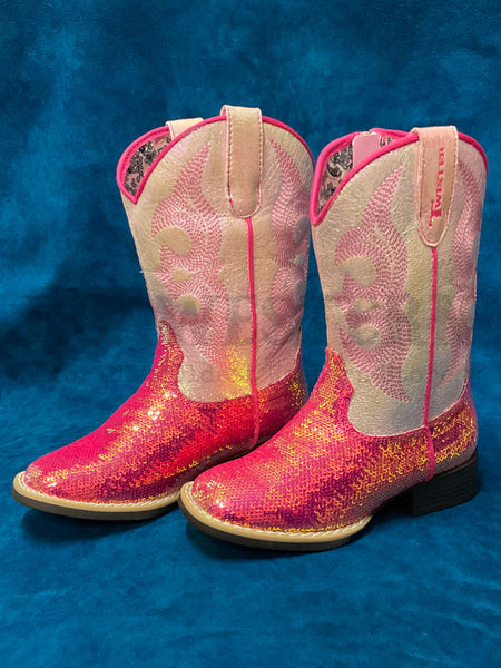 Twister 443004730 446004730 Kids Krissy Style Bucker Boot Hot Pink side view pair. If you need any assistance with this item or the purchase of this item please call us at five six one seven four eight eight eight zero one Monday through Saturday 10:00a.m EST to 8:00 p.m EST