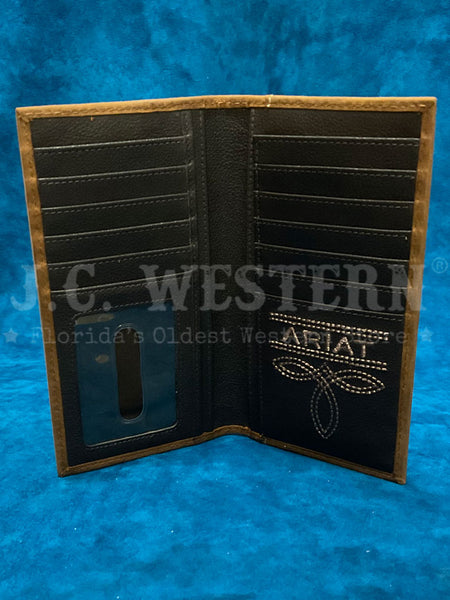 Ariat A3561244 Mens Rodeo Scrolling Embossed Wallet Medium Brown Bark inside view. If you need any assistance with this item or the purchase of this item please call us at five six one seven four eight eight eight zero one Monday through Saturday 10:00a.m EST to 8:00 p.m EST
