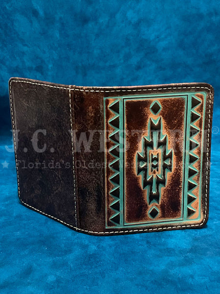 Ariat A3560102 Mens Bifold Flip Style Southwestern Wallet Brown And Turquoise front view open.