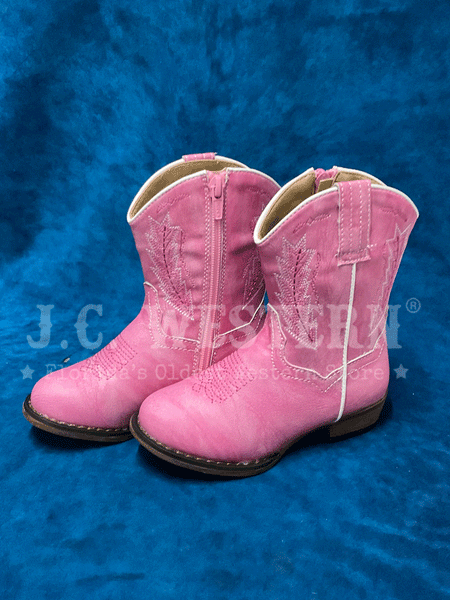Roper 09-017-1939-2404 Toddlers Round Toe Western Boot Pink side view of pair. If you need any assistance with this item or the purchase of this item please call us at five six one seven four eight eight eight zero one Monday through Saturday 10:00a.m EST to 8:00 p.m EST