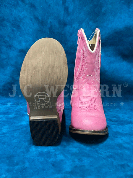 Roper 09-017-1939-2404 Toddlers Round Toe Western Boot Pink front and sole. If you need any assistance with this item or the purchase of this item please call us at five six one seven four eight eight eight zero one Monday through Saturday 10:00a.m EST to 8:00 p.m EST