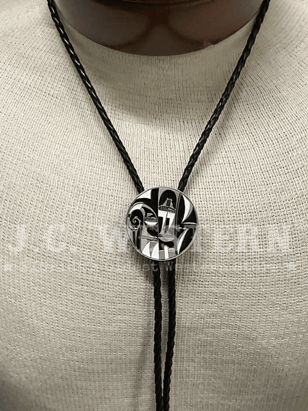 Colorado Silver Star 5-BC23-E Round Hopi Indian Design Bolo Tie front. If you need any assistance with this item or the purchase of this item please call us at five six one seven four eight eight eight zero one Monday through Saturday 10:00a.m EST to 8:00 p.m EST