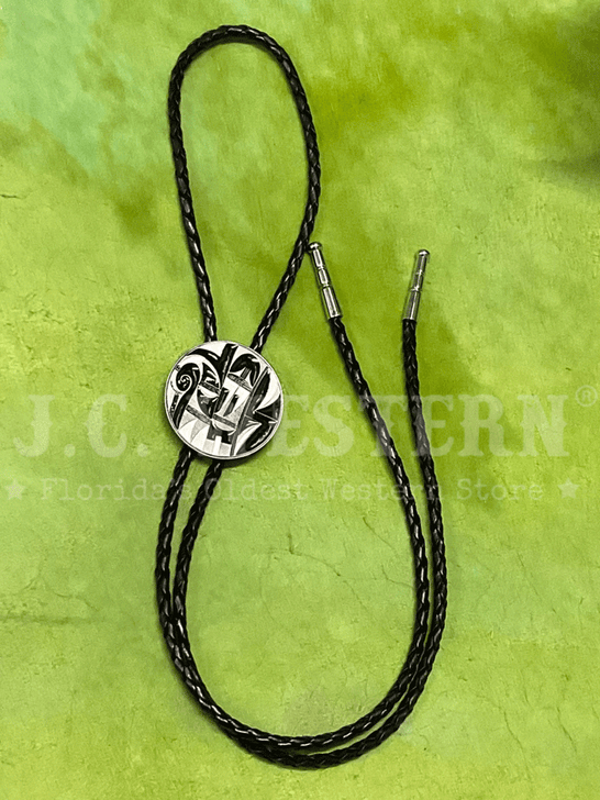 Colorado Silver Star 5-BC23-E Round Hopi Indian Design Bolo Tie full view. If you need any assistance with this item or the purchase of this item please call us at five six one seven four eight eight eight zero one Monday through Saturday 10:00a.m EST to 8:00 p.m EST