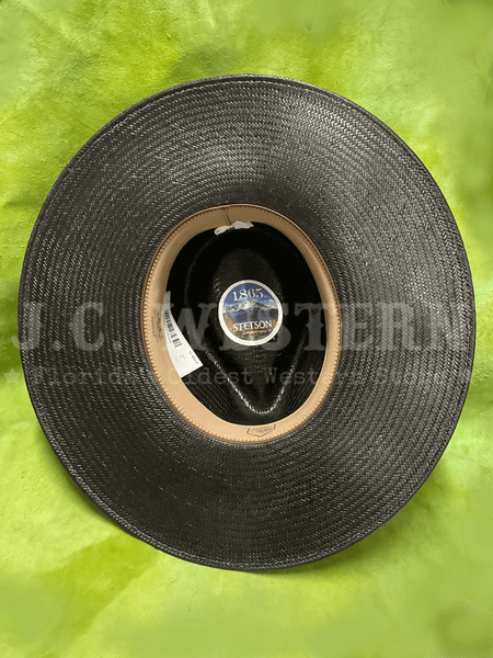 Stetson XSJWMS-104007 JW Marshall Straw Flat Brim Hat Black inside view. If you need any assistance with this item or the purchase of this item please call us at five six one seven four eight eight eight zero one Monday through Saturday 10:00a.m EST to 8:00 p.m EST