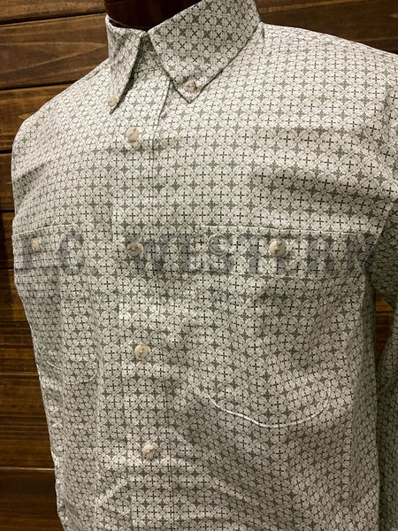 Wrangler 112359999 Mens George Strait Collection Two Pocket Long Sleeve Shirt Olive front close up view. If you need any assistance with this item or the purchase of this item please call us at five six one seven four eight eight eight zero one Monday through Saturday 10:00a.m EST to 8:00 p.m EST
