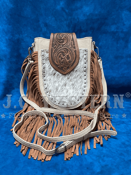 Trinity Ranch TR180-8360TN Womens Genuine Hair On Cowhide Tooled Fringe Crossbody Bag Tan front view. If you need any assistance with this item or the purchase of this item please call us at five six one seven four eight eight eight zero one Monday through Saturday 10:00a.m EST to 8:00 p.m EST
