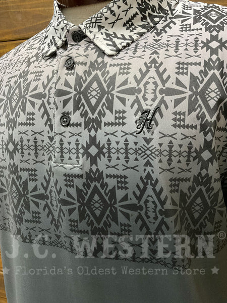 Hooey HP034AZGY Mens WEEKENDER Cowboy Golf Polo Shirt Aztec Black close up. If you need any assistance with this item or the purchase of this item please call us at five six one seven four eight eight eight zero one Monday through Saturday 10:00a.m EST to 8:00 p.m EST