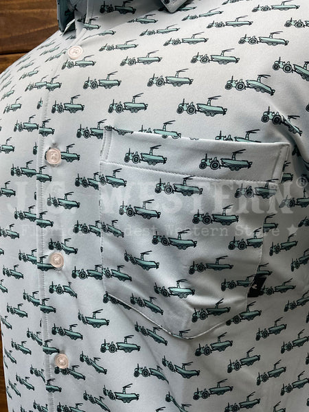 Beach and Barn TRACTOR POOL Mens Short Sleeve Sport Shirt Chambray White Light Blue close up. If you need any assistance with this item or the purchase of this item please call us at five six one seven four eight eight eight zero one Monday through Saturday 10:00a.m EST to 8:00 p.m EST
