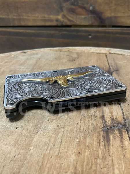 3D D250008836 Mens Long Horn Utility Wallet Gold And Silver side close up. If you need any assistance with this item or the purchase of this item please call us at five six one seven four eight eight eight zero one Monday through Saturday 10:00a.m EST to 8:00 p.m EST