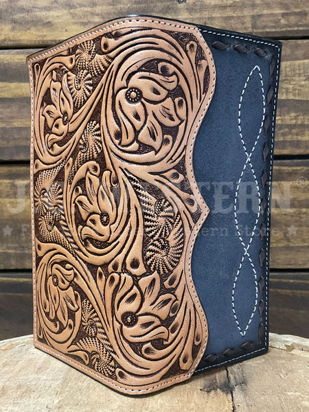 3D D2500123107 Mens Hand Tooled Floral Buck Lace Rodeo Wallet Grey Tan back view. If you need any assistance with this item or the purchase of this item please call us at five six one seven four eight eight eight zero one Monday through Saturday 10:00a.m EST to 8:00 p.m EST