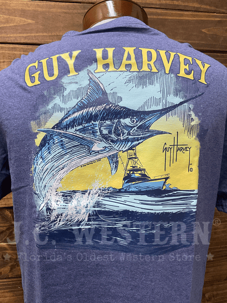 Guy Harvey GHV55727-NVH Mens Sketchy Blue Short Sleeve T-Shirt Navy Heather back close up.If you need any assistance with this item or the purchase of this item please call us at five six one seven four eight eight eight zero one Monday through Saturday 10:00a.m EST to 8:00 p.m EST