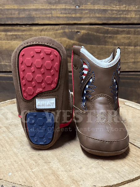 Ariat A442002602 Infants George Style LIL STOMPERS Boot Brown sole and front view. If you need any assistance with this item or the purchase of this item please call us at five six one seven four eight eight eight zero one Monday through Saturday 10:00a.m EST to 8:00 p.m EST