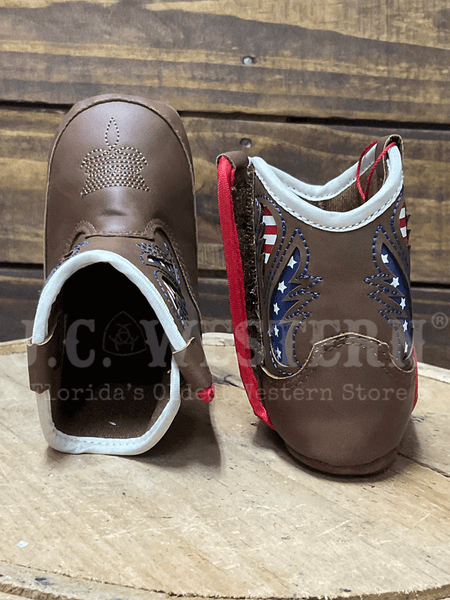 Ariat A442002602 Infants George Style LIL STOMPERS Boot Brown toe and back view. If you need any assistance with this item or the purchase of this item please call us at five six one seven four eight eight eight zero one Monday through Saturday 10:00a.m EST to 8:00 p.m EST