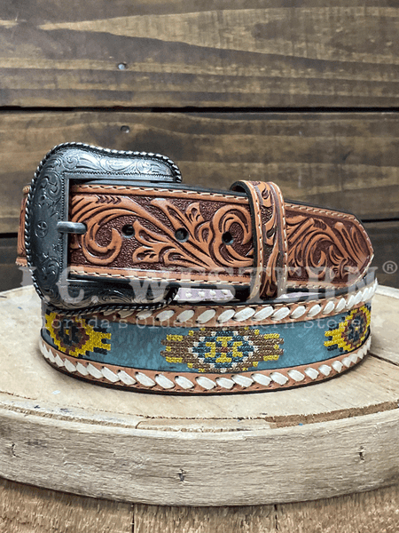 Roper 8681500 Aztec Embroidery Leather Belt Tan front view. If you need any assistance with this item or the purchase of this item please call us at five six one seven four eight eight eight zero one Monday through Saturday 10:00a.m EST to 8:00 p.m EST
