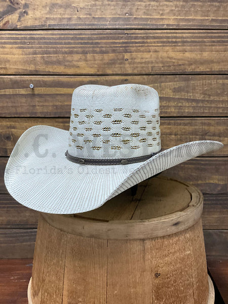 Justin JS4714BART BARRET Western Straw Hat Ivory Chocolate side / front view. If you need any assistance with this item or the purchase of this item please call us at five six one seven four eight eight eight zero one Monday through Saturday 10:00a.m EST to 8:00 p.m EST