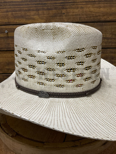 Justin JS4714BART BARRET Western Straw Hat Ivory Chocolate close up. If you need any assistance with this item or the purchase of this item please call us at five six one seven four eight eight eight zero one Monday through Saturday 10:00a.m EST to 8:00 p.m EST