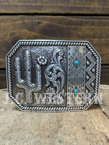 Blazin Roxx 37941 Floral And Cactus Engraving Antique Silver front view. If you need any assistance with this item or the purchase of this item please call us at five six one seven four eight eight eight zero one Monday through Saturday 10:00a.m EST to 8:00 p.m EST