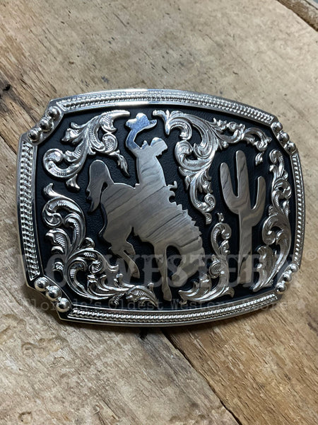 Nocona 37943 Bronco Rider Engraving Buckle Shiny Silver front view. If you need any assistance with this item or the purchase of this item please call us at five six one seven four eight eight eight zero one Monday through Saturday 10:00a.m EST to 8:00 p.m EST