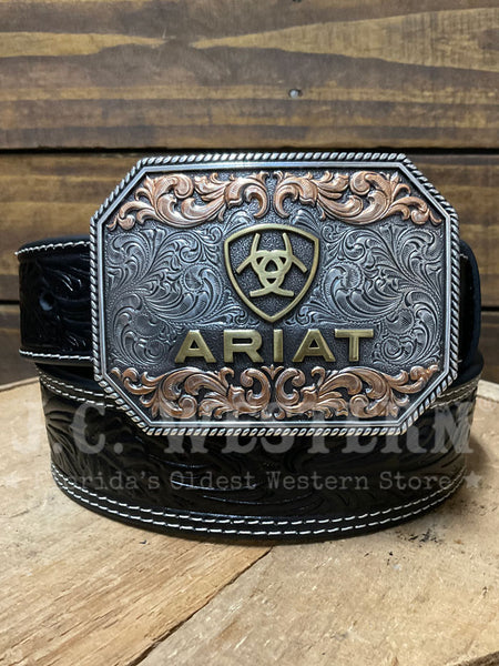 Ariat A1042201 Mens Floral Embossed Leather Belt Black front view. If you need any assistance with this item or the purchase of this item please call us at five six one seven four eight eight eight zero one Monday through Saturday 10:00a.m EST to 8:00 p.m EST