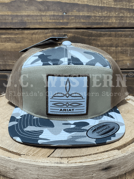 Ariat A3000920146 Mens 7 Panel Camo Boot Stitch Cap Khaki front view. If you need any assistance with this item or the purchase of this item please call us at five six one seven four eight eight eight zero one Monday through Saturday 10:00a.m EST to 8:00 p.m EST