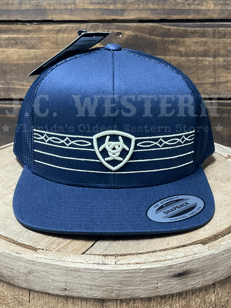 Ariat A300092103 Mens Shield and Boot Stitch Ribbon Cap Navy front view. If you need any assistance with this item or the purchase of this item please call us at five six one seven four eight eight eight zero one Monday through Saturday 10:00a.m EST to 8:00 p.m EST