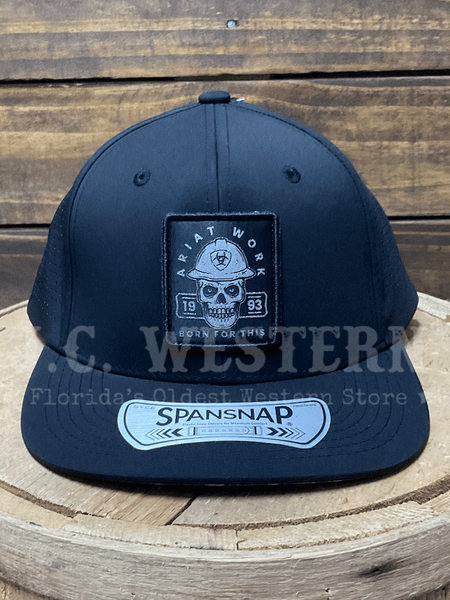 Ariat A290002201 Mens Snap Back Reflective Skull Logo Patch Cap Black front view. If you need any assistance with this item or the purchase of this item please call us at five six one seven four eight eight eight zero one Monday through Saturday 10:00a.m EST to 8:00 p.m EST