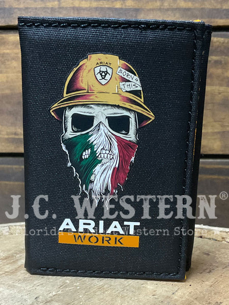 Ariat A3401401 Mens Trifold Born For This Work Wallet Mexico Black front view. If you need any assistance with this item or the purchase of this item please call us at five six one seven four eight eight eight zero one Monday through Saturday 10:00a.m EST to 8:00 p.m EST